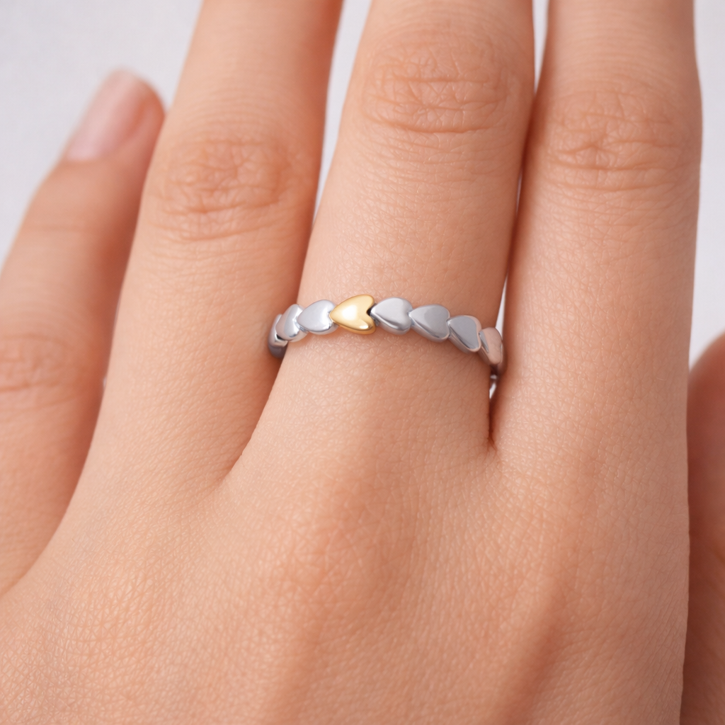 Sterling Silver Heart Band Ring 18ct Yellow Gold Detail 925 Hallmark Sizes K-S