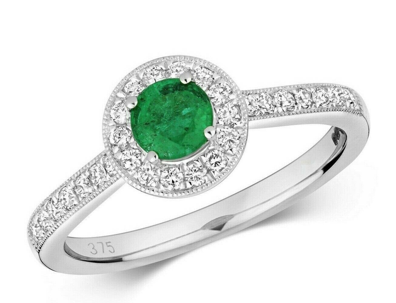 Real Emerald and Diamond Ring 9ct White Gold Round Cluster Halo Engagement