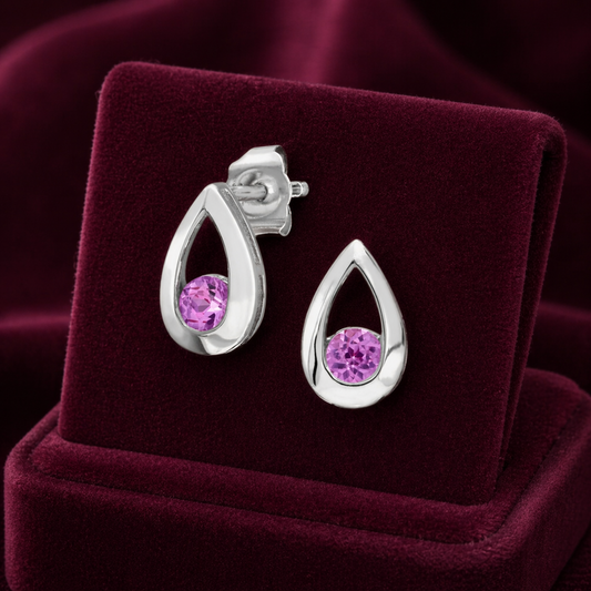 Pink Sapphire Teardrop Stud Earrings Solid 9ct White Gold Drops Hallmarked