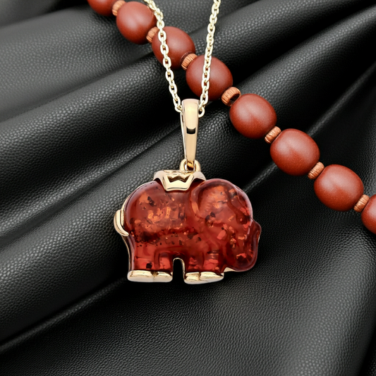 Natural Amber Elephant Pendant 18ct Gold on Solid Sterling Silver 925 18" Chain