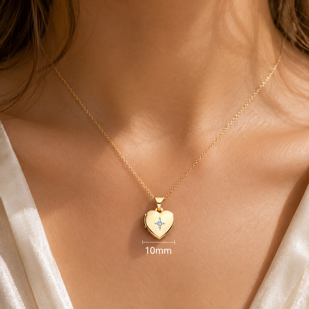 Small Heart Gold Locket Pendant with Natural Diamond on Solid Silver 18" Chain