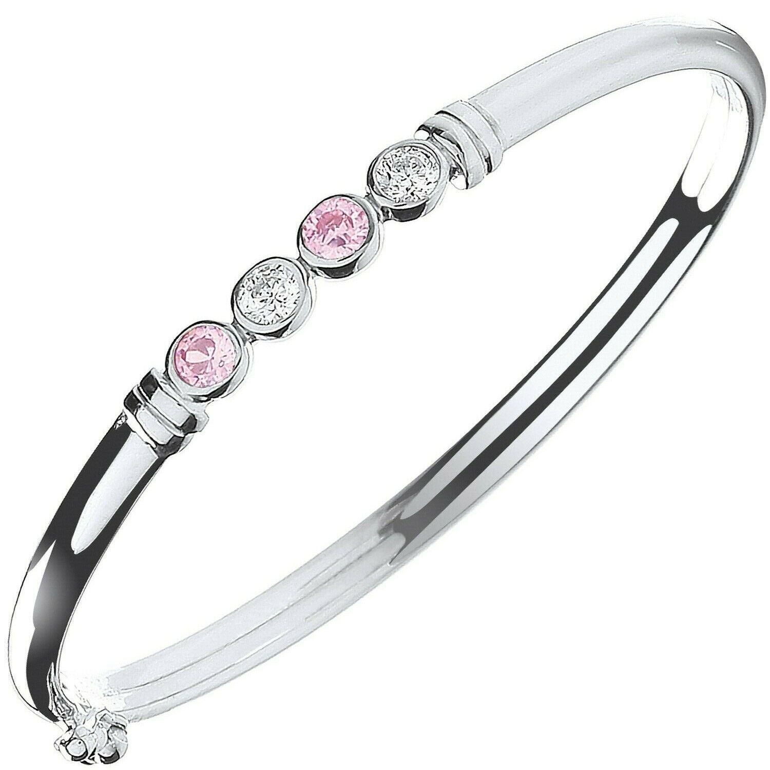 Solid Silver Baby Bangle Pink and White Gemstones Little Girls British Made 