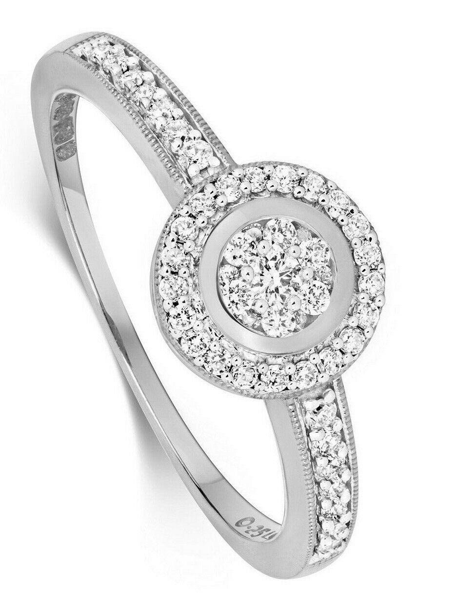 Real Diamond Ring Halo Cluster Engagement 9ct White Gold 0.25ctw Size J - Q