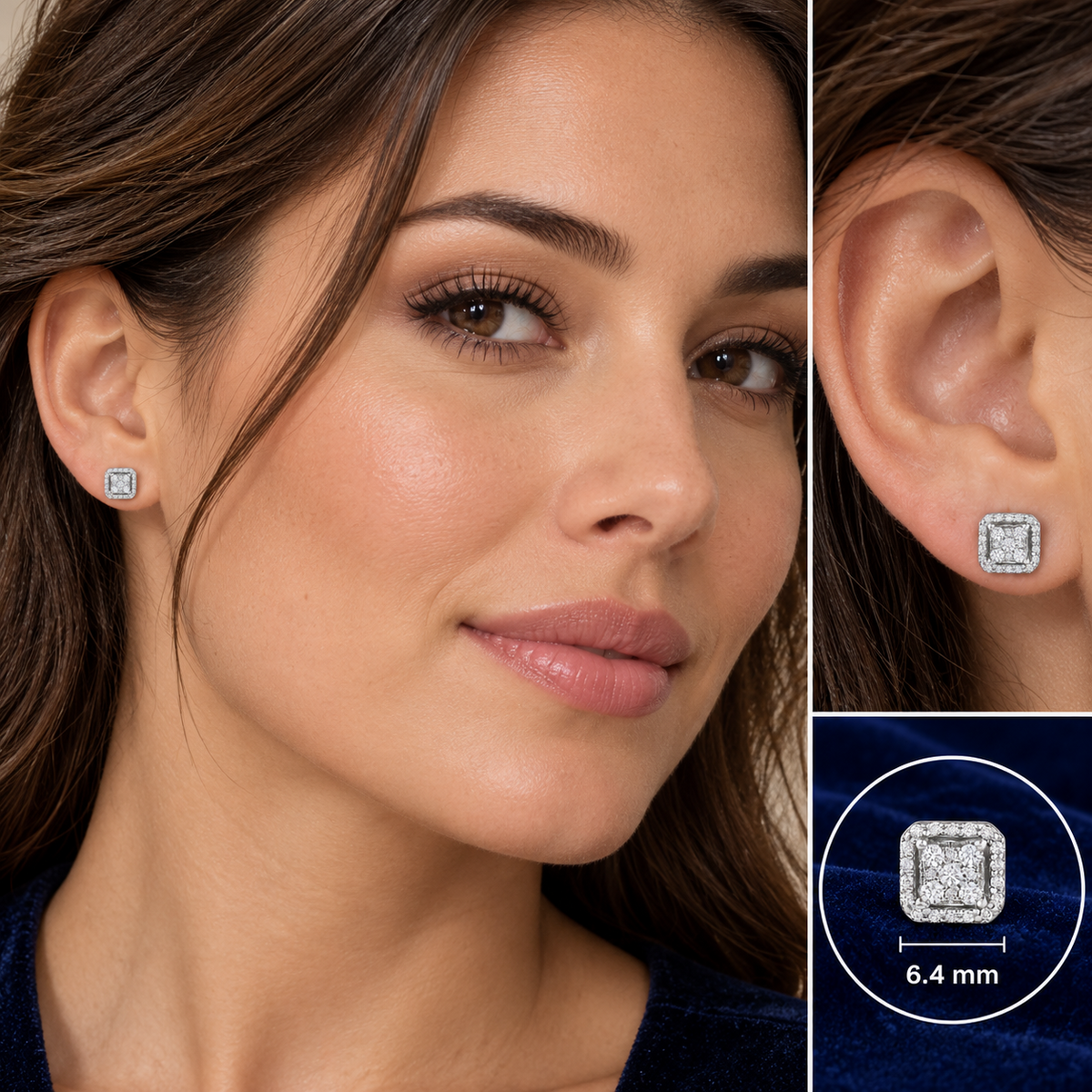 Diamond Square Stud Earrings 18ct White Gold 6.4mm 0.22ctw Real Mined Diamonds