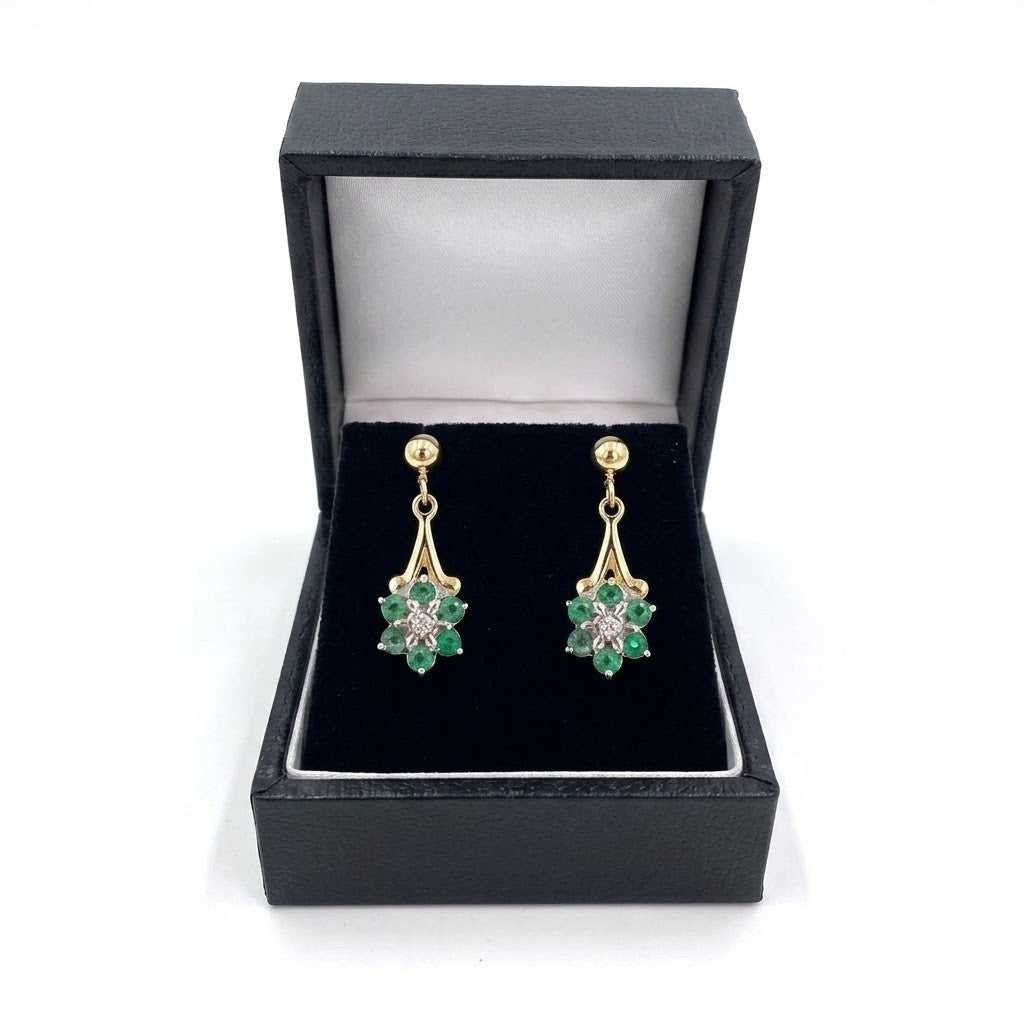 9ct Gold Emerald & Diamond Cluster Drop Dangle Earrings Vintage Floral Stud