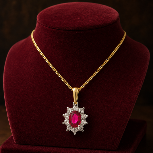 Ruby Oval Cluster Pendant With 0.35ctw Diamond 18ct Yellow Gold 18" 46cm Chain