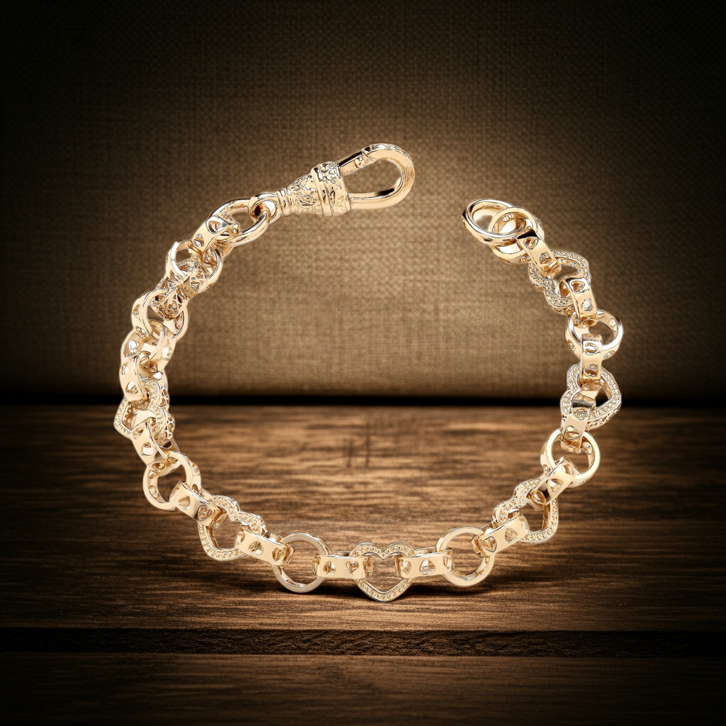 Heart Belcher Ladies Bracelet 18ct Gold on Solid Sterling Silver Hallmarked 7.5"