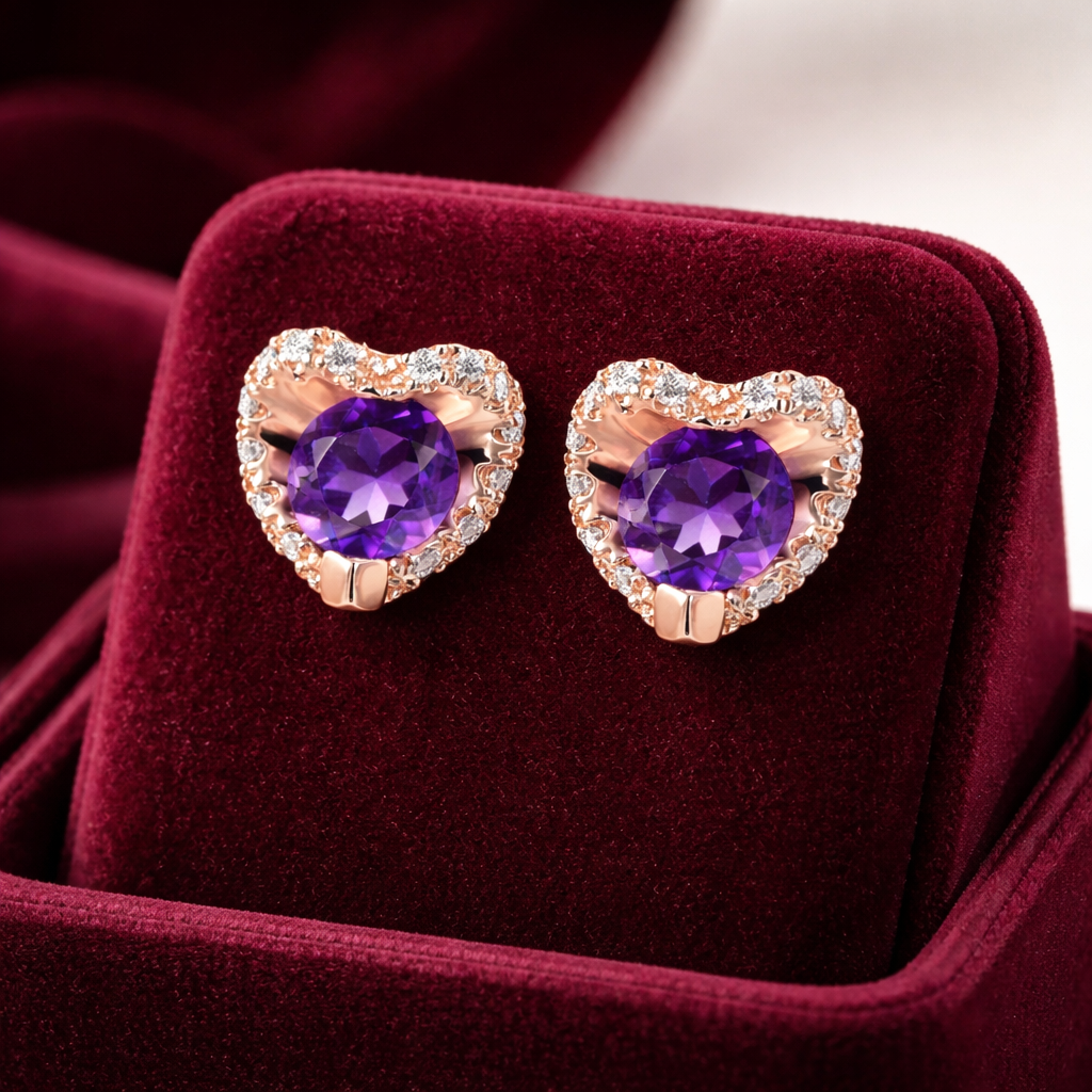 Natural Amethyst and Diamond Heart Earrings Solid 9ct Rose Gold Hallmarked