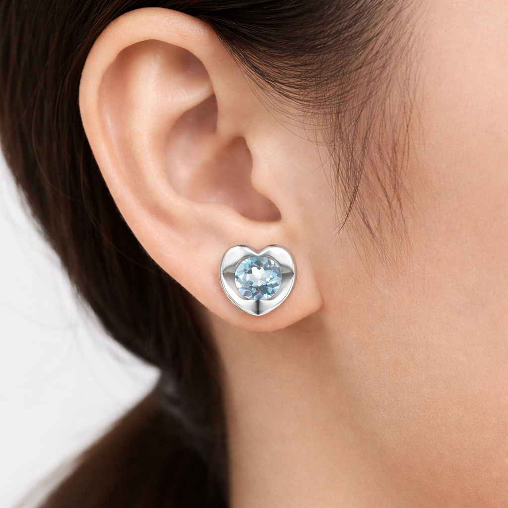 Sky Blue Topaz Heart Stud Earrings 9ct White Gold Studs Hallmarked