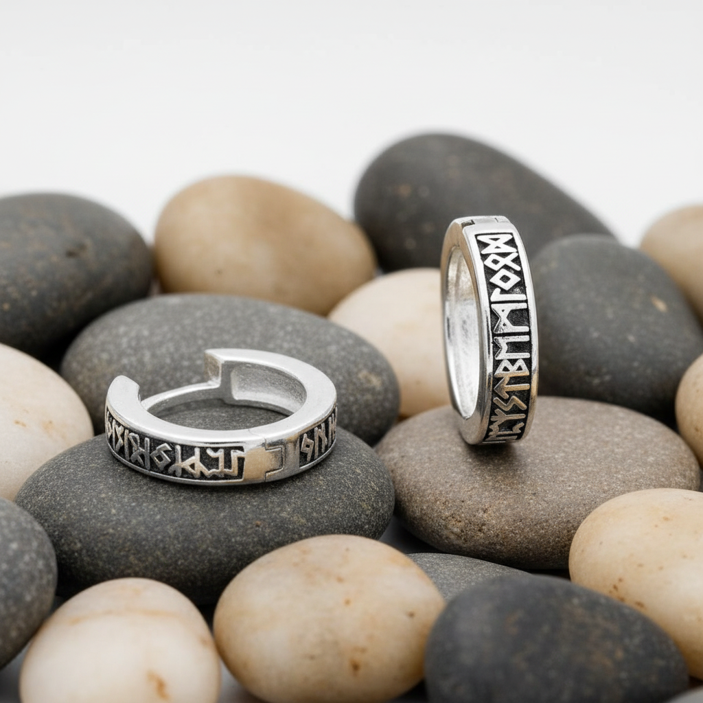 Men's Oxidised Ethnic Rune Huggie Earring Single Earring 925 Hallmark