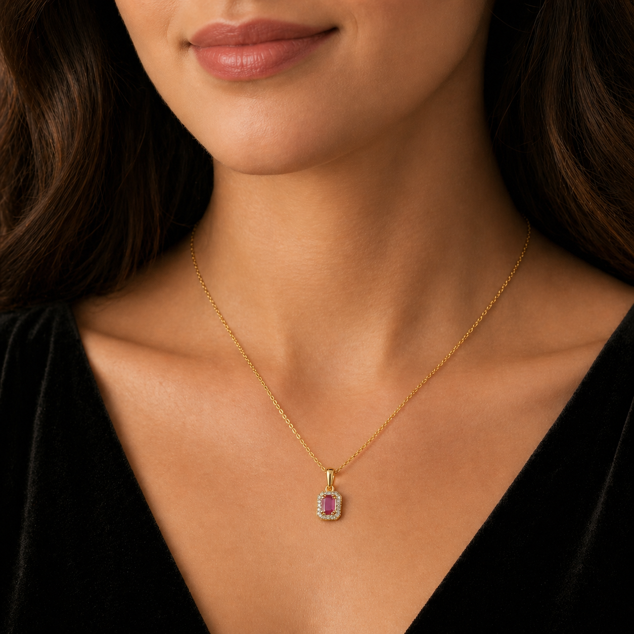 Natural Ruby Pendant With Diamond Halo 9ct Yellow Gold 18" 46cm Length Chain