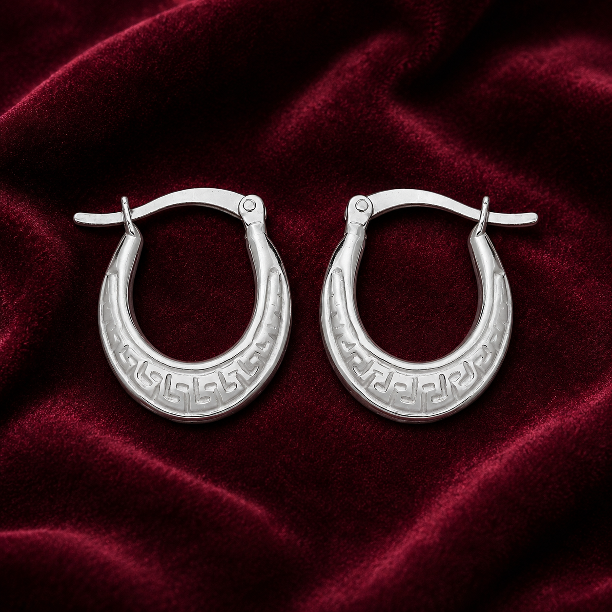 Greek Key Oval Creole Hoop Earrings Sterling Silver 925
