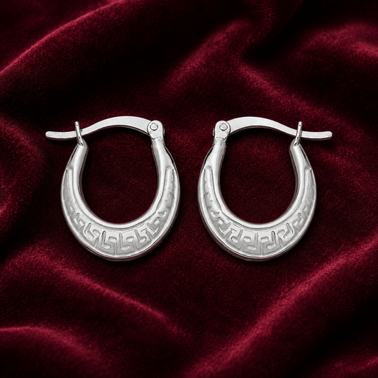 Greek Key Oval Creole Hoop Earrings Sterling Silver 925