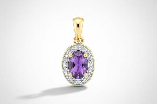 Amethyst and Diamond Oval Halo Pendant 9ct Yellow Gold Real Stones