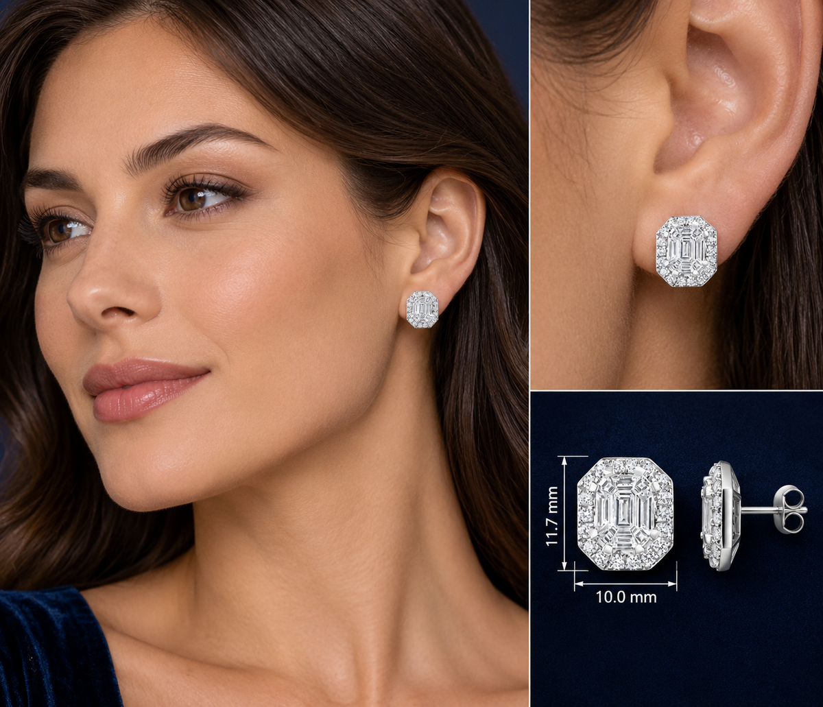 Real Diamond Octagon Earrings 18ct White Gold Baguette & Emerald Cut 1.40ctw