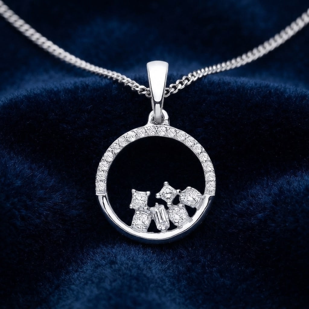 Open Circle Diamond Pendant 9ct White Gold 18" Round Princess & Baguette Diamond
