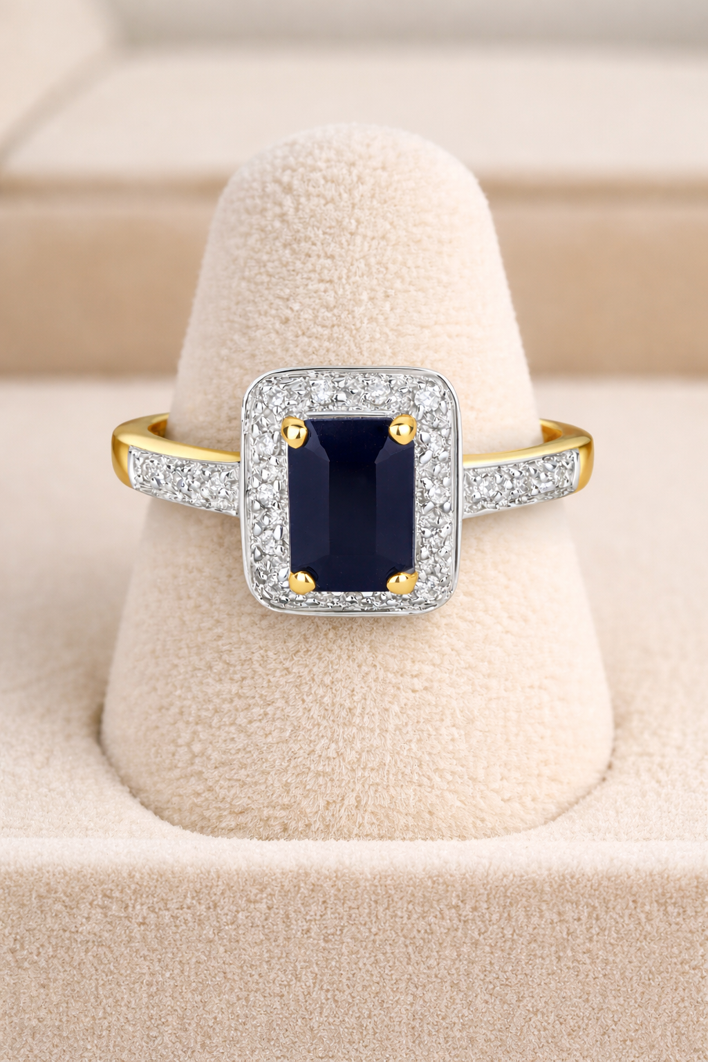 Real Sapphire and Diamond Ring Solid Yellow Gold Emerald Cut Engagement Size J-Q