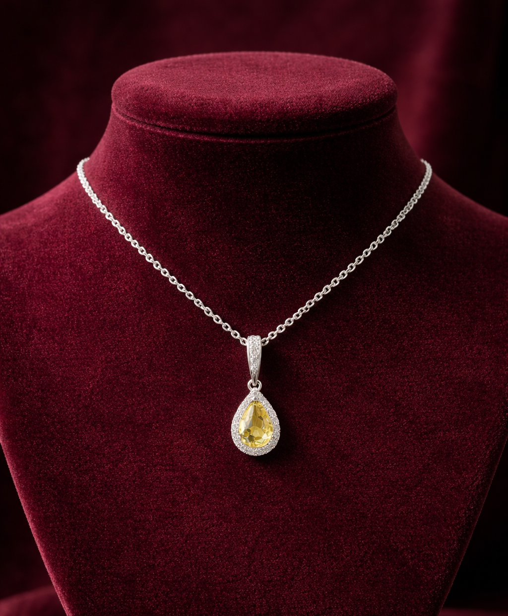 Citrine Pear Halo Pendant Real Diamond Solid White Gold 18" 46cm Length Chain
