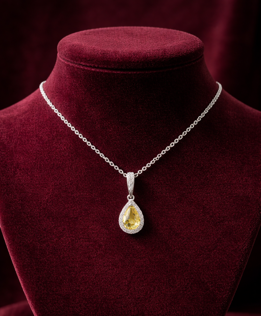 Citrine Pear Halo Pendant Real Diamond Solid White Gold 18" 46cm Length Chain