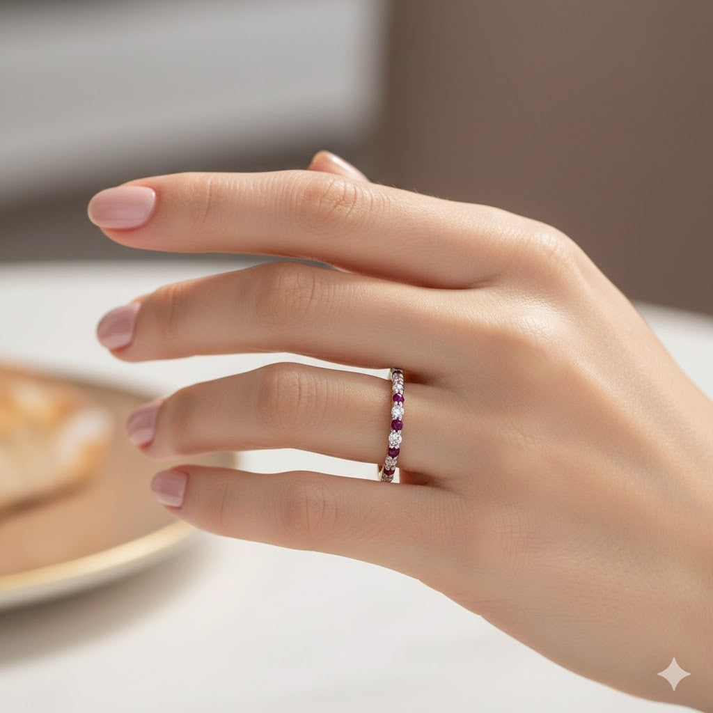 18ct Gold Ruby Eternity Ring on Solid Sterling Silver 925 Hallmark