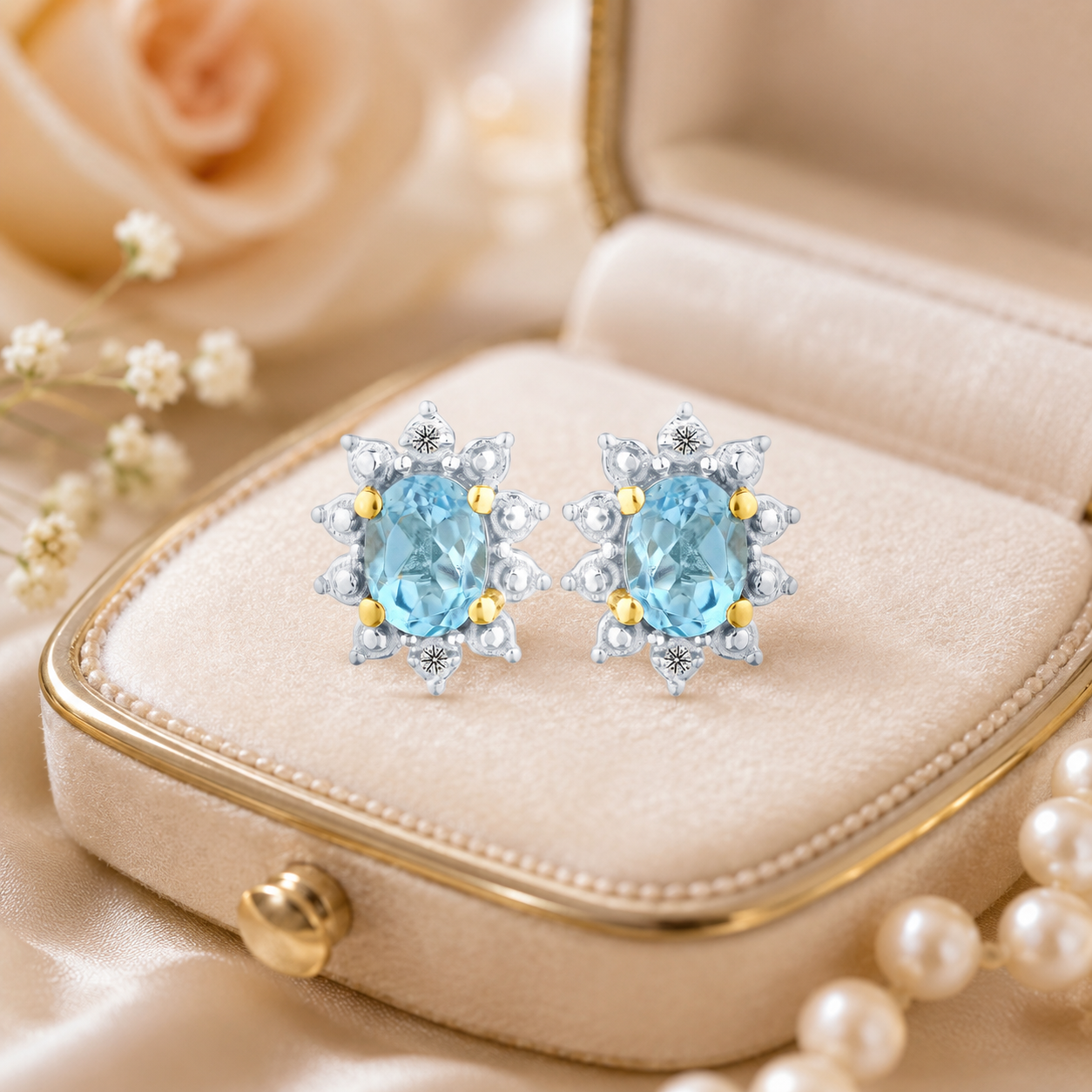 Natural Blue Topaz & Diamond Halo Stud Earrings 9ct Yellow Gold 375