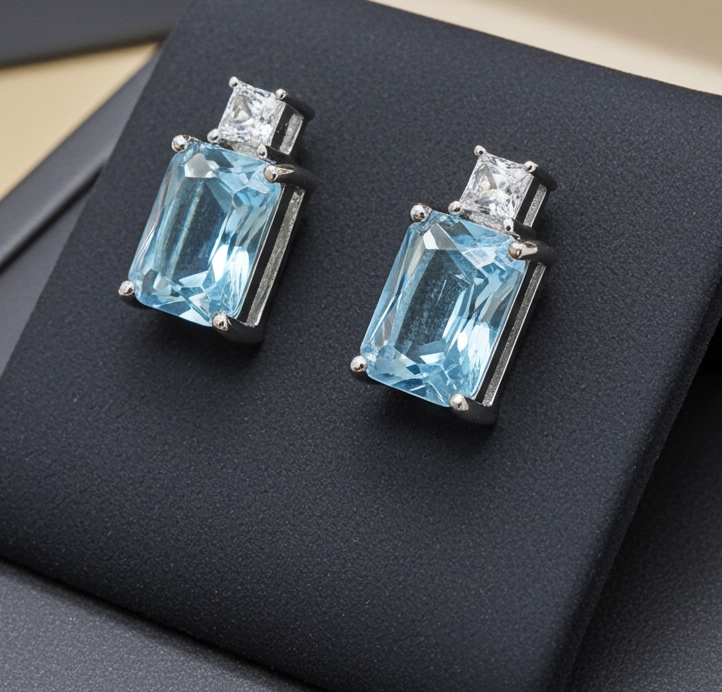 Blue Topaz Stud Earrings Solid Sterling Silver 925 Hallmark Rhodium Finish