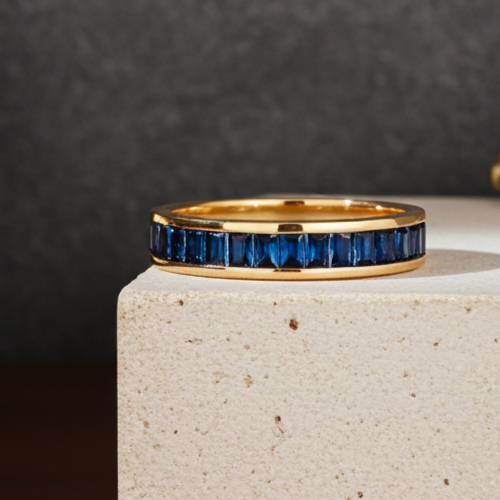 18ct Gold Sapphire Baguette Eternity Ring on Solid Sterling Silver 925 Hallmark