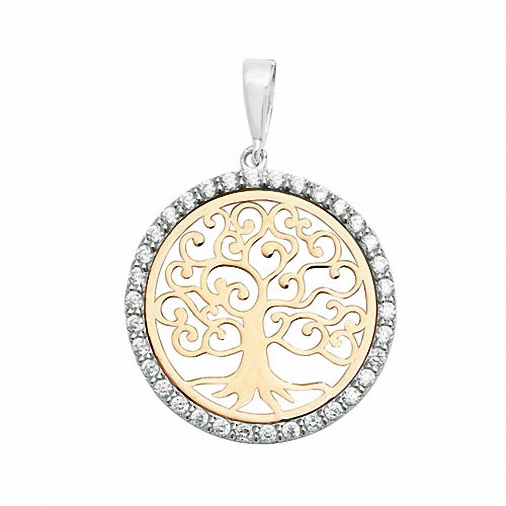 Tree of Life Pendant Yellow & White Gold 28mm x 19mm British Made