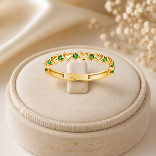 9k Yellow Gold Emerald Heart Eternity Stacking Band Ring Size KLMNOPQRS Hallmark