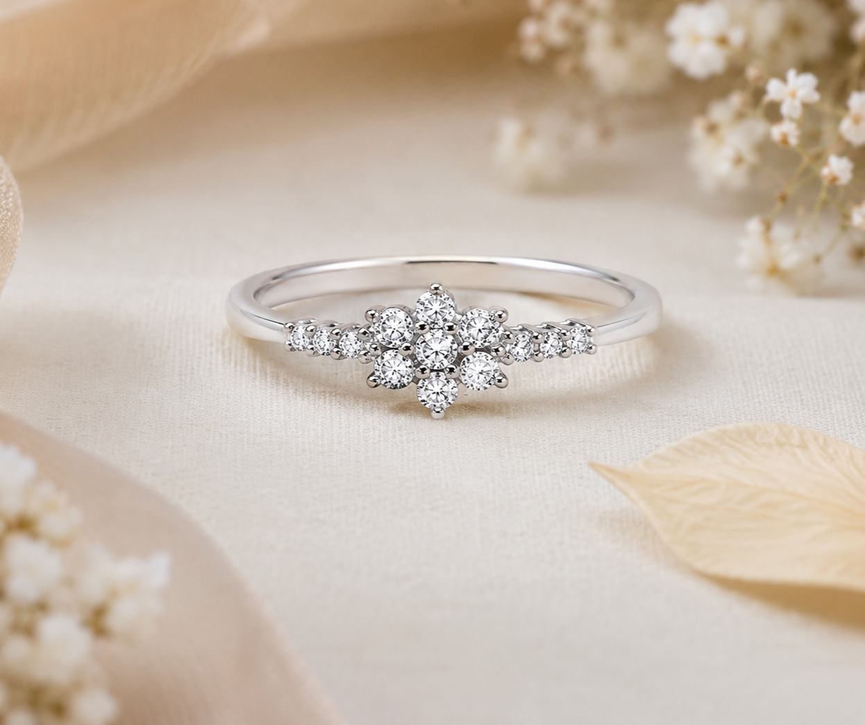 Elegant Floral Cluster Ring in Solid Sterling Silver Engagement