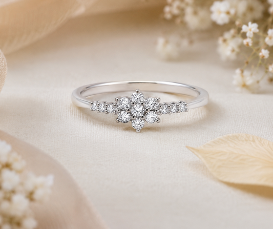 Elegant Floral Cluster Ring in Solid Sterling Silver Engagement