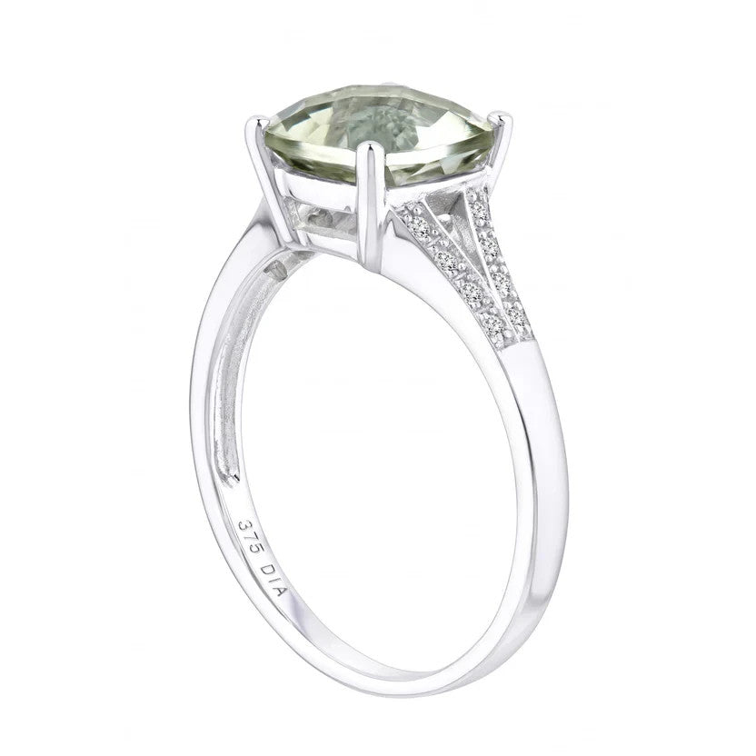 Cushion Cut Green Amethyst & Diamond Split Shank Ring Solid White Gold Size J-Q