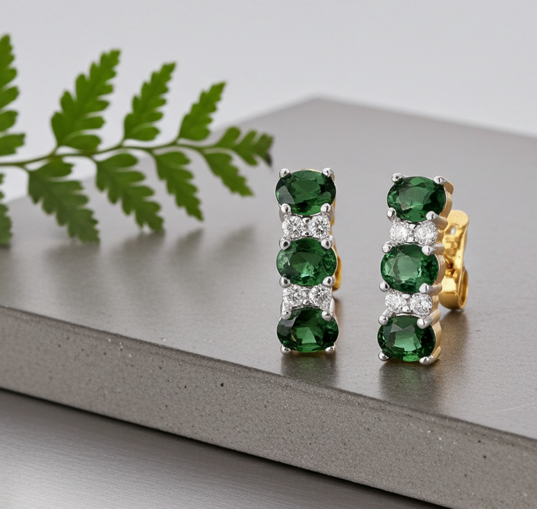 18ct Gold Emerald Drop Stud Earrings on Solid Sterling Silver 925 Hallmark