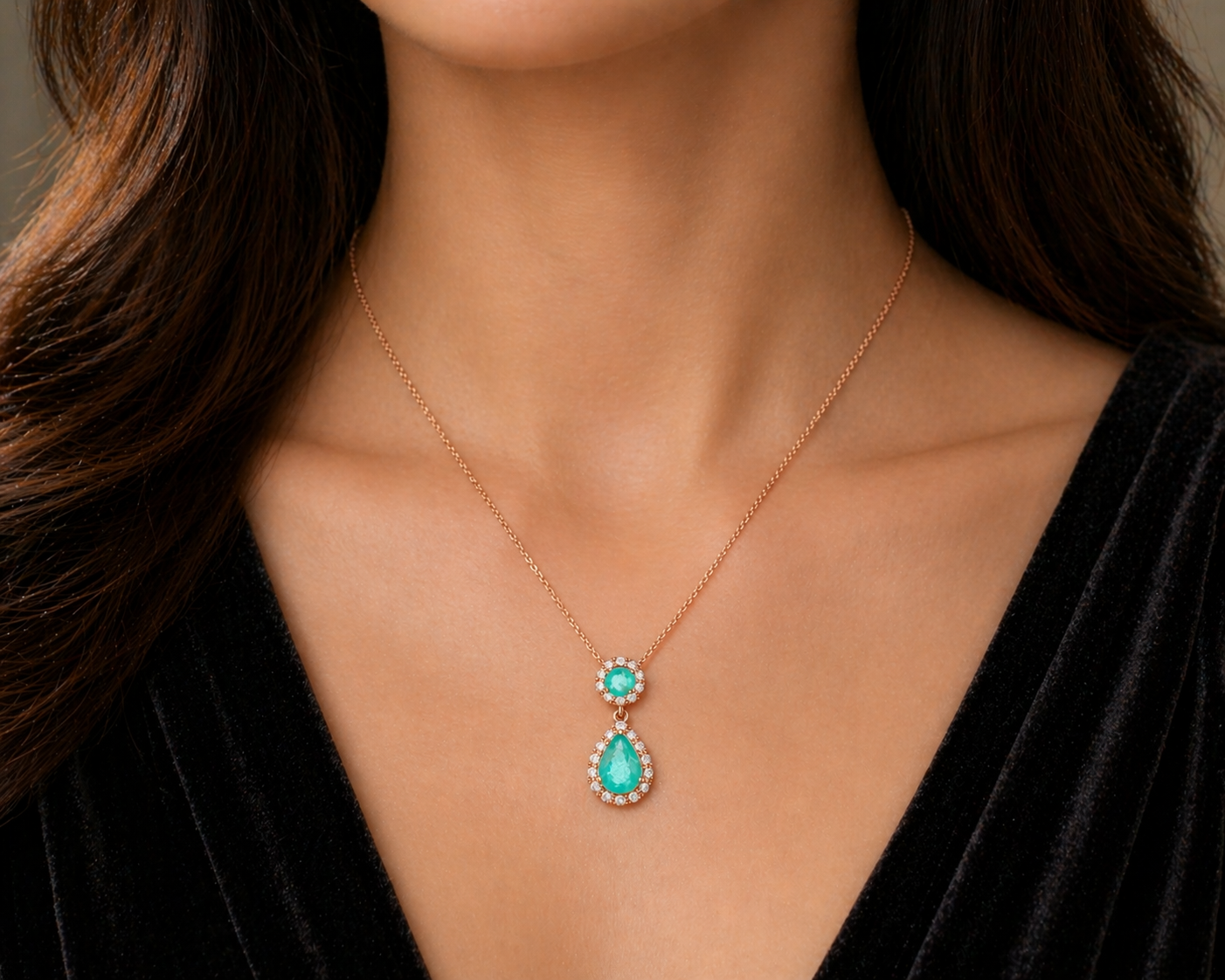 Emerald and Diamond Teardrop Pendant 9ct White Gold 18" 46cm Length Chain