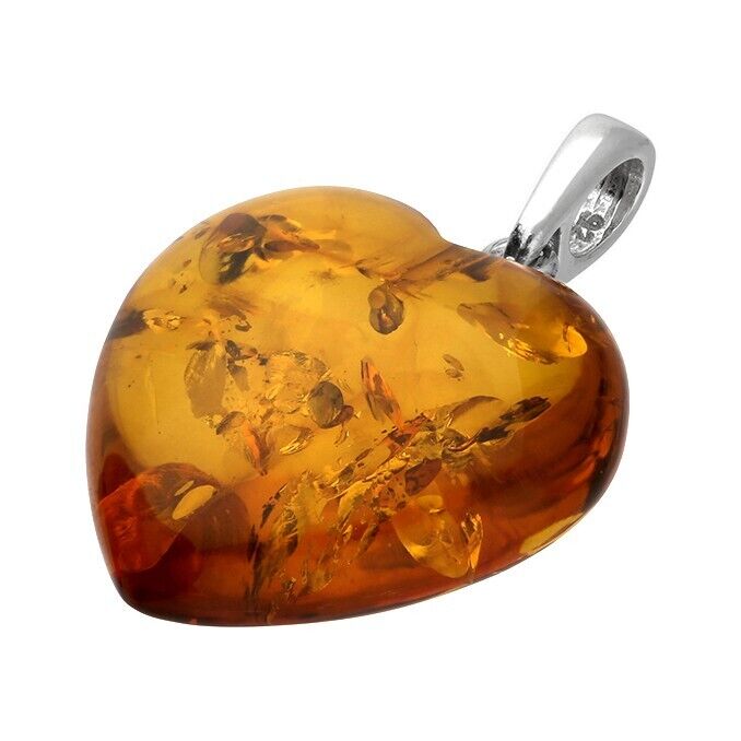 Cognac Amber Heart Pendant Necklace Solid 925 Sterling Silver