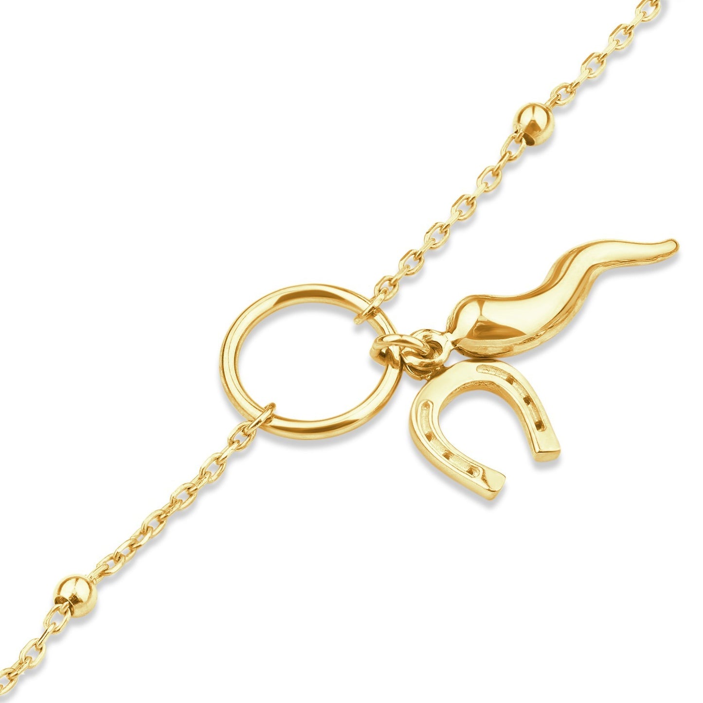 Lucky Horn & Horseshoe Charm Beaded Chain Bracelet 9ct Yellow Gold 375 19cm