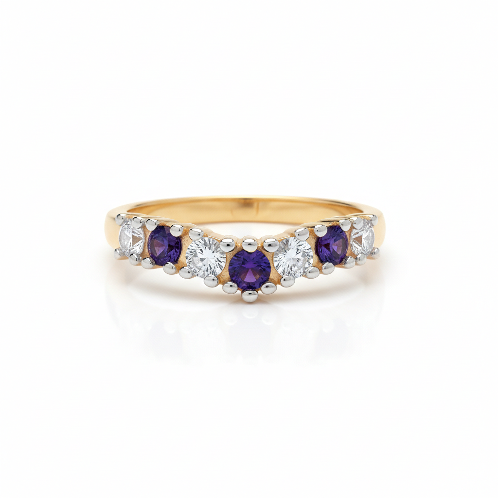 18ct Gold Amethyst Wishbone Ring Anniversary Band on Solid Silver Size K-U