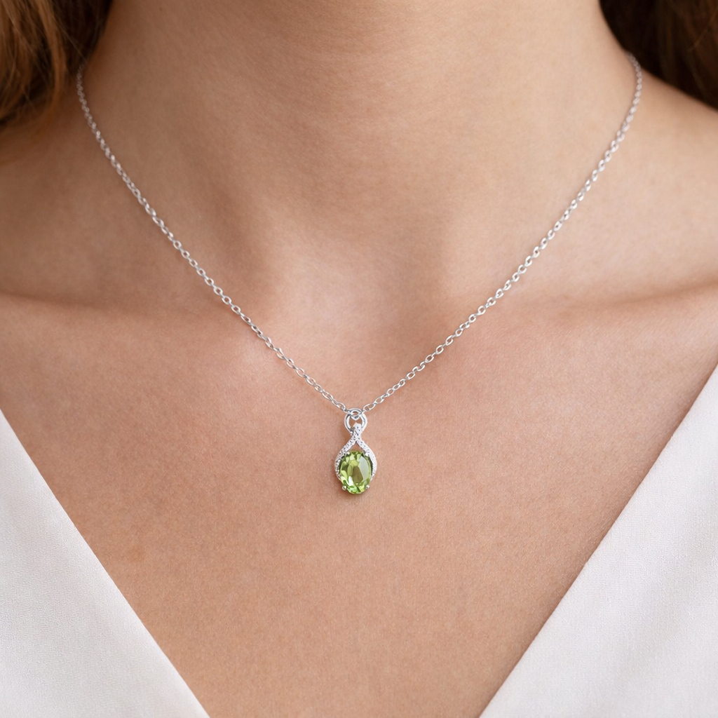 Peridot Infinity Pendant With Diamonds 9ct White Gold 18" 46cm Length Chain