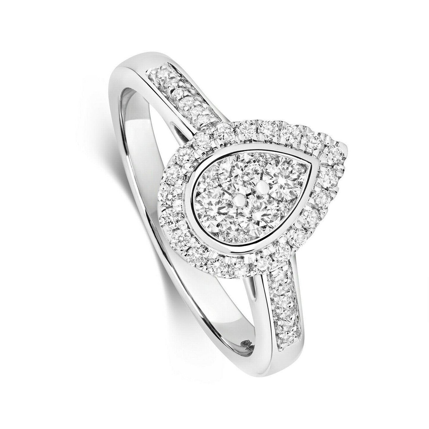 Real Diamond Pear Teardrop Ring 9ct White Gold Halo Cluster 0.50 Carat Weight