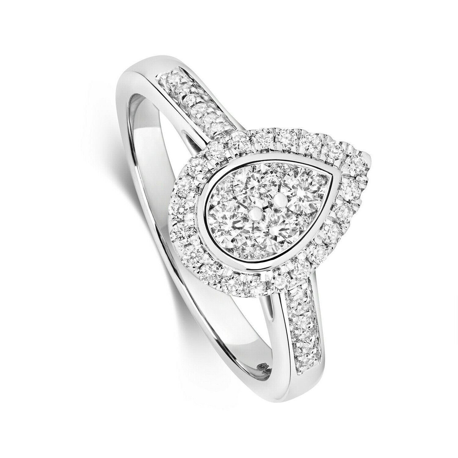 Real Diamond Pear Teardrop Ring 9ct White Gold Halo Cluster 0.50 Carat Weight