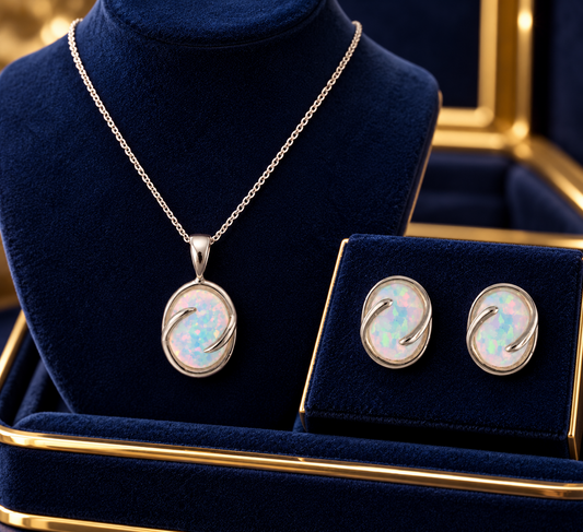 Opal Matching Pendant and Earrings Set Solid Sterling Silver 925 18" Chain