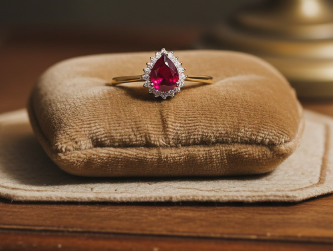 18ct Gold Ruby Pear Ring on Solid Sterling Silver 925 Hallmark Sizes K-S