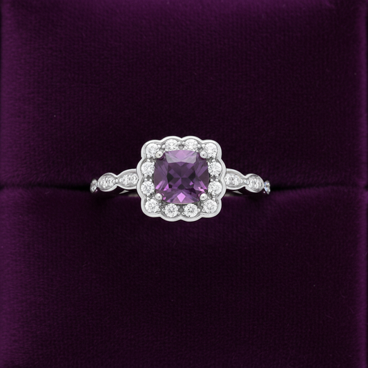 Amethyst Cushion Ring Solid Sterling Silver 925 Square Cluster Size K - S