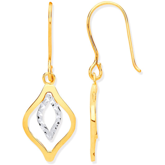 Rhombus Shaped Drop Earrings 9ct Yellow and White Gold Drops Hallmarked