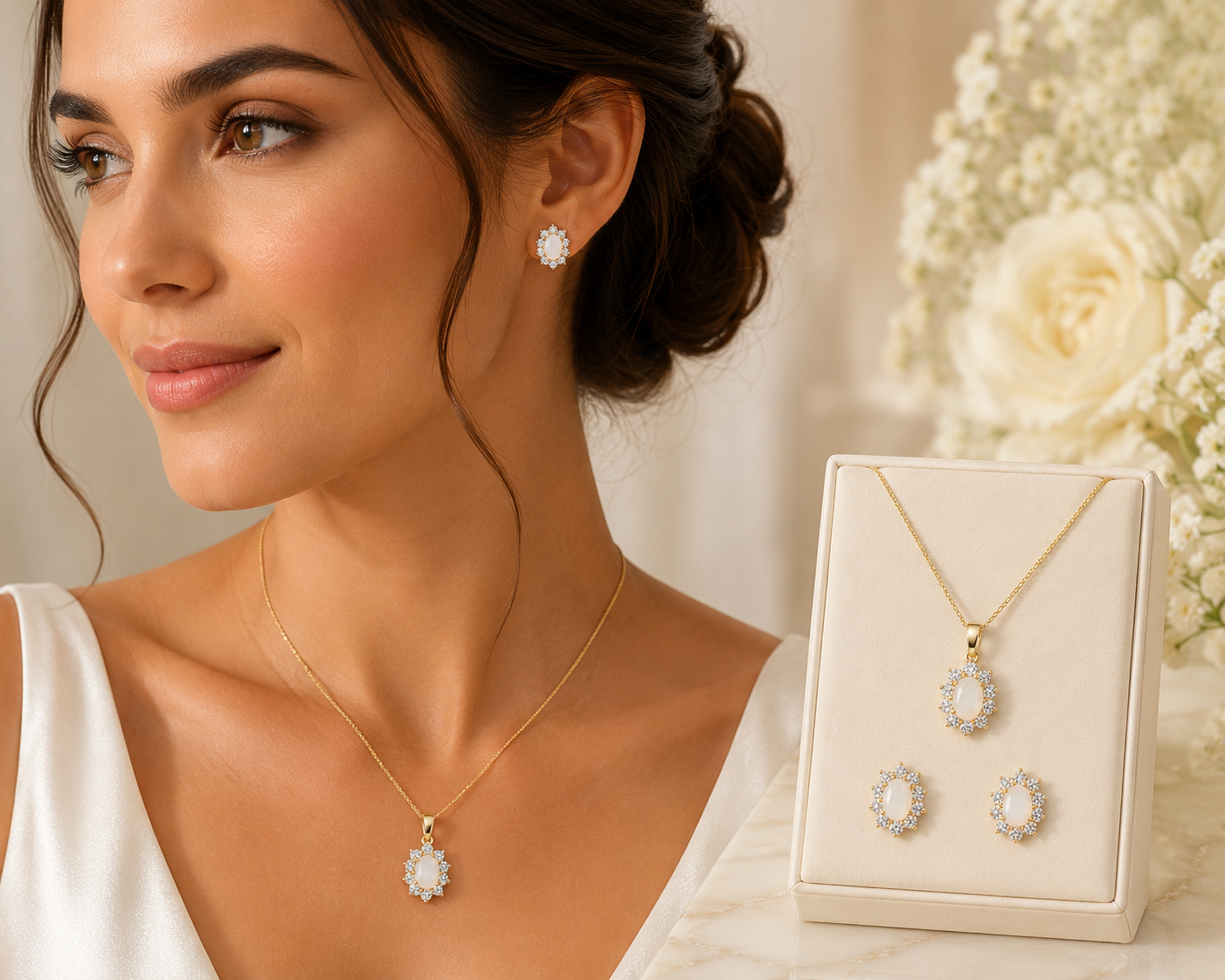Elegant Opal Jewellery Set in Yellow Gold – Necklace Pendant & Stud Earrings