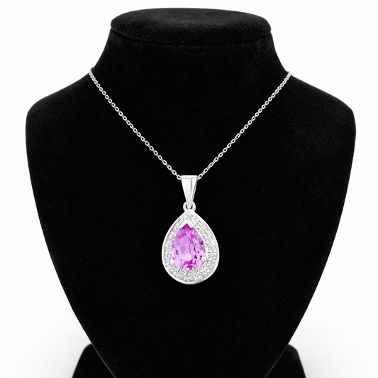 Pink Sapphire Teardrop Pendant With Diamonds 9ct White Gold 18" 46cm Chain