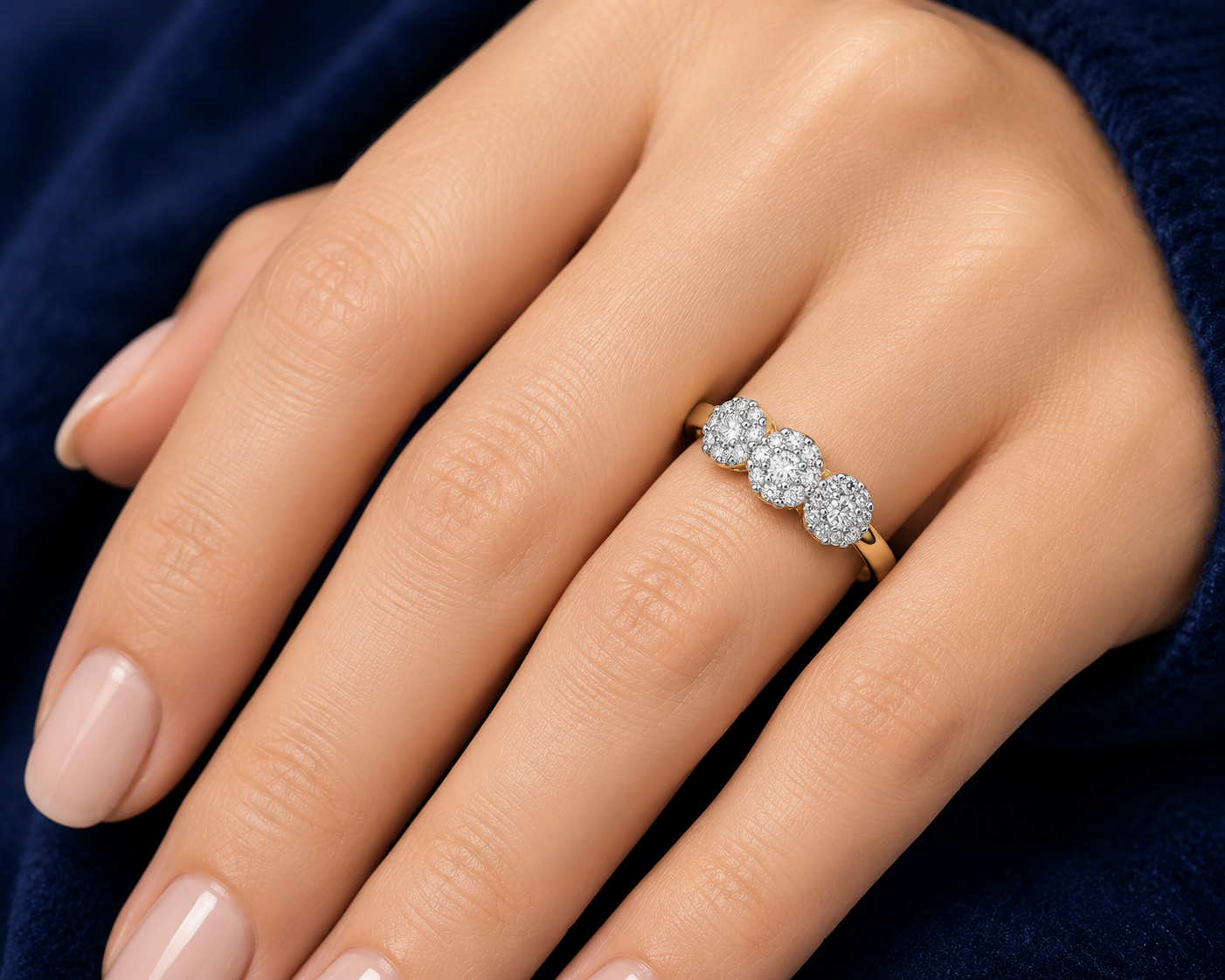 Three Cluster Engagement Ring 18ct Gold on Solid Sterling Silver 925 Size J-V