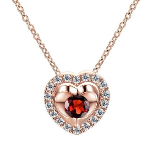 Garnet Heart Necklace With Diamond Solid Rose Gold 18" 46cm Length Chain