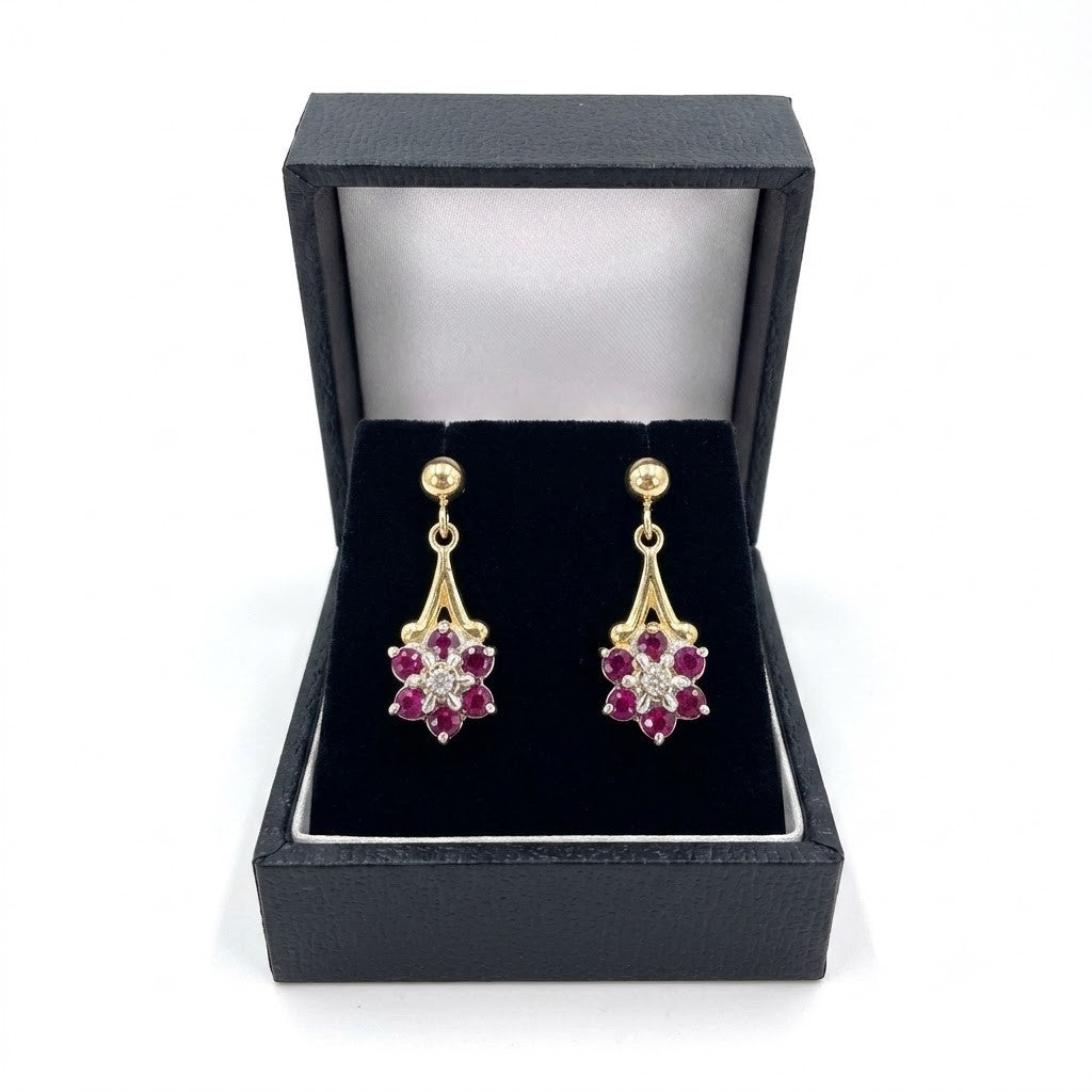 9ct Gold Ruby & Diamond Cluster Drop Dangle Earrings Vintage Floral Stud