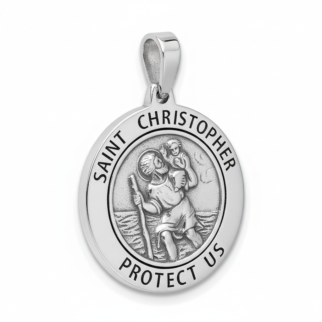 Round St Christopher Protect Us Pendant Oxidised High Detail 925 Sterling Silver